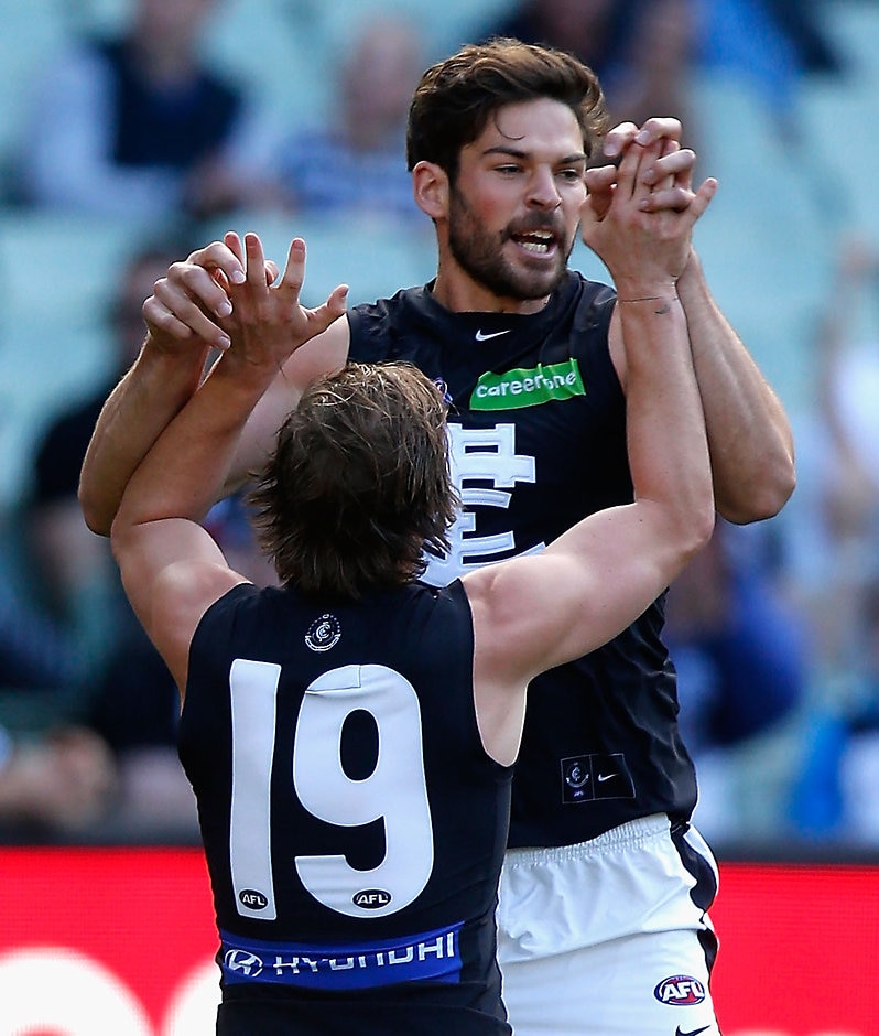 AFL 2016 Rd 07 - Collingwood v Carlton MELBOURNE, AUSTRALIA - MAY 7: Levi Casboult of the Blues celebrates a goal during the 2016 AFL Round 07 match between the Collingwood Magpies and the Carlton Blues at the Melbourne Cricket Ground, Melbourne on May 7, 2016. (Photo by Sean Garnsworthy/AFL Media)